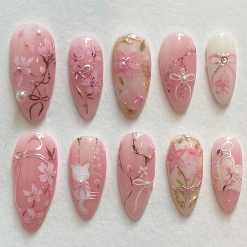 30pcs Pink Flower Cute Cat Almond Acrylic Press-On False Nails Kit with Rhinestone Pearl D
