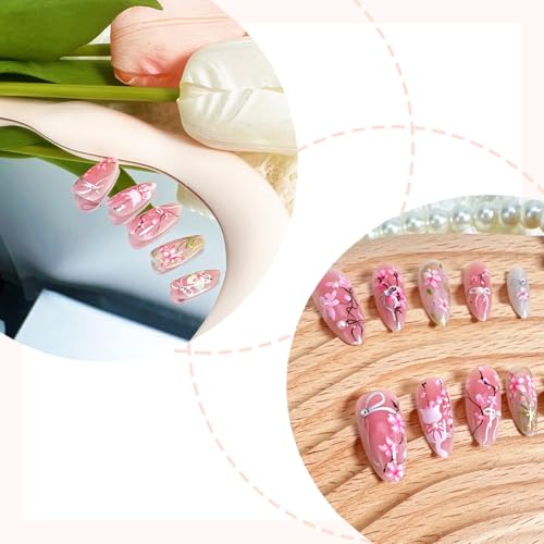 30pcs Pink Flower Cute Cat Almond Acrylic Press-On False Nails Kit with Rhinestone Pearl D