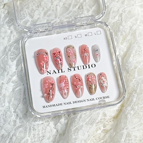 30pcs Pink Flower Cute Cat Almond Acrylic Press-On False Nails Kit with Rhinestone Pearl D