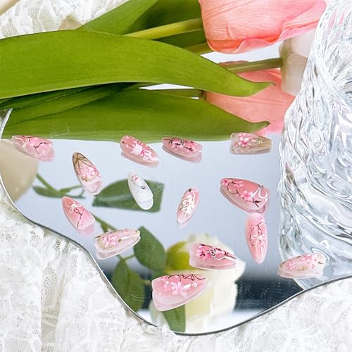 30pcs Pink Flower Cute Cat Almond Acrylic Press-On False Nails Kit with Rhinestone Pearl D