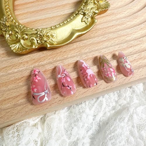 30pcs Pink Flower Cute Cat Almond Acrylic Press-On False Nails Kit with Rhinestone Pearl D