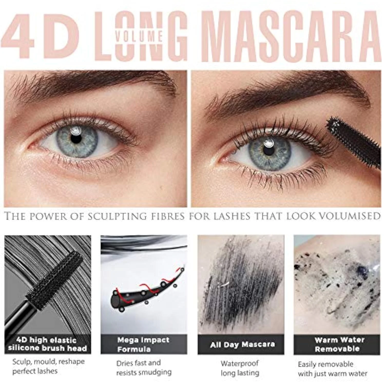 4D Silk Fiber Lash Mascara, Waterproof Long Lasting Mascara Black Volume and Length Natural, Exquisitely Full, Lengthening Thickening Softer Fuller Lashes Amplify Smudge-Proof