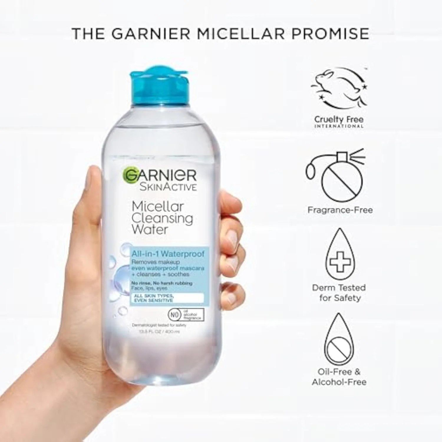 Micellar Water For Waterproof Makeup, Hydrating Facial Cleanser & Makeup Remover, Suitable for Sensitive Skin, Vegan, Cruelty Free, 13.5 Fl Oz (400mL), 1 Count