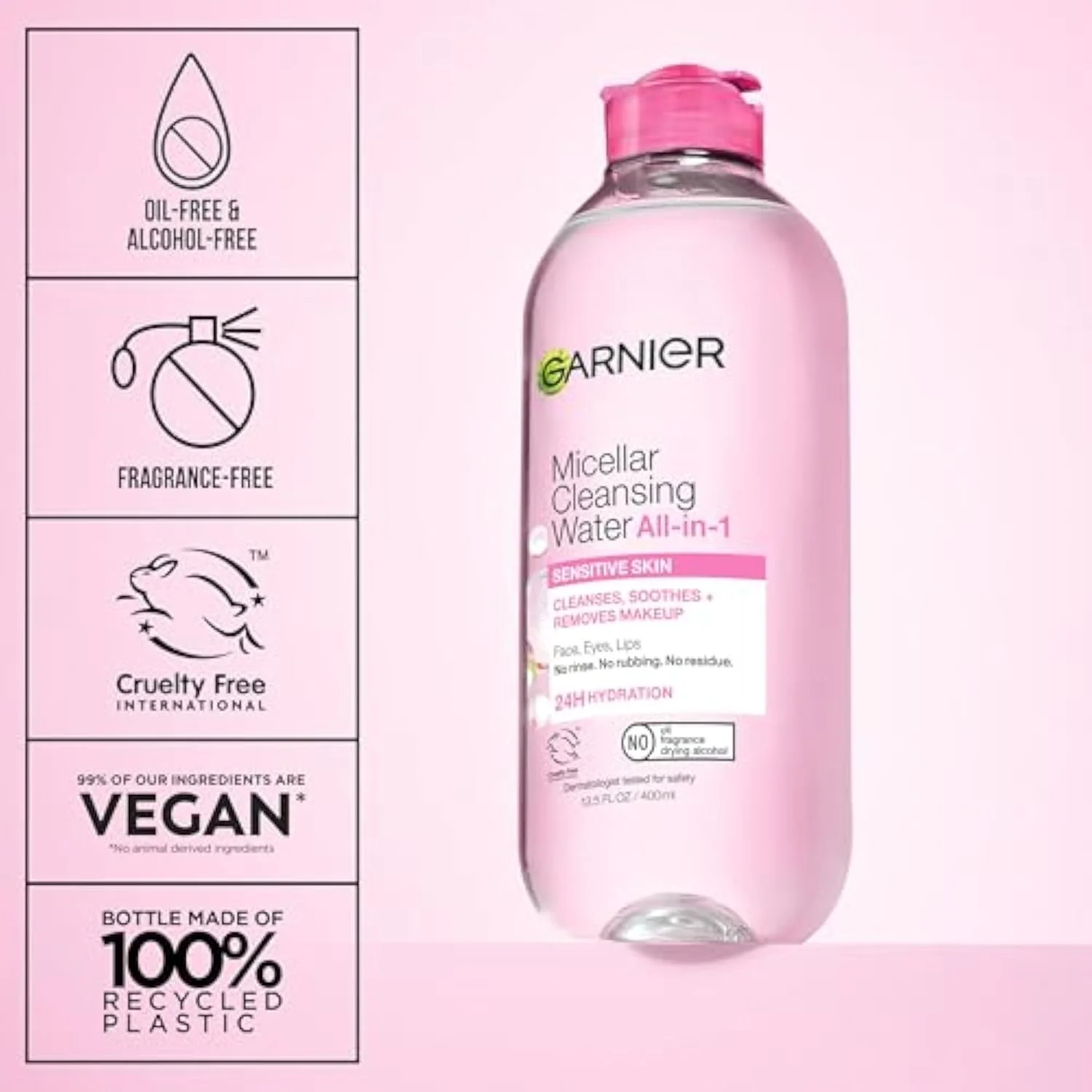 Micellar Water, Hydrating Facial Cleanser & Makeup Remover, Suitable for Sensitive Skin, Vegan, Cruelty Free, 13.5 Fl Oz (400mL), 1 Count
