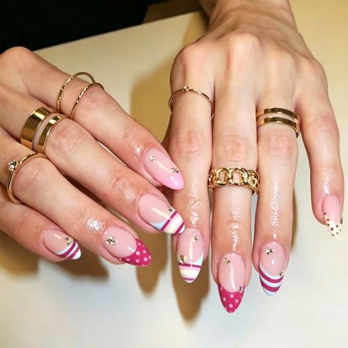 Colorful Striped French Tip Press on Nails Medium Almond Fake Nails with Polka Dot Rhinest