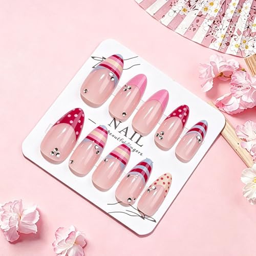Colorful Striped French Tip Press on Nails Medium Almond Fake Nails with Polka Dot Rhinest