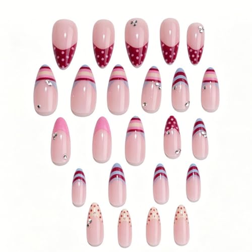 Colorful Striped French Tip Press on Nails Medium Almond Fake Nails with Polka Dot Rhinest