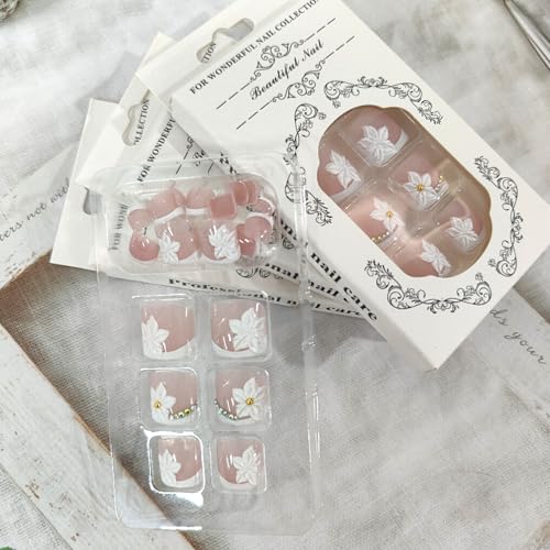 White French Tip Press on Toenails 3D Flower Fake Toe Nails