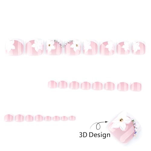 White French Tip Press on Toenails 3D Flower Fake Toe Nails