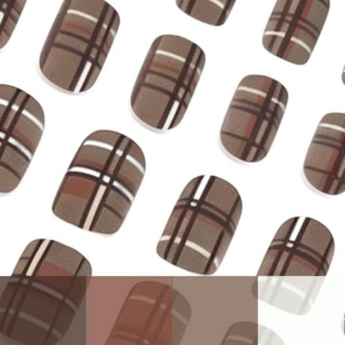 24Pcs Fall Press on Nails Short Square Fake Nails with Plaid Design Matte Khaki Artificial