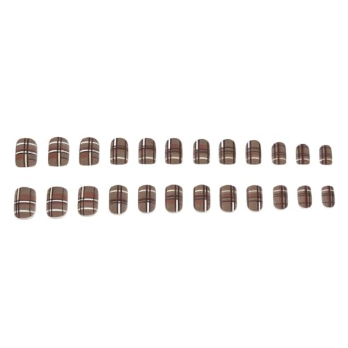 24Pcs Fall Press on Nails Short Square Fake Nails with Plaid Design Matte Khaki Artificial