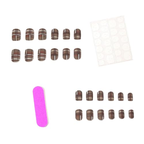 24Pcs Fall Press on Nails Short Square Fake Nails with Plaid Design Matte Khaki Artificial