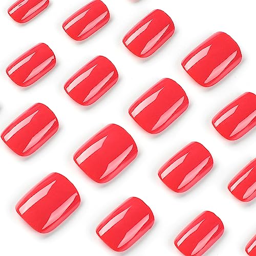 Short Press on Nails Square Fake Nails with Nail Glue Red False Nails with Solid Color Art
