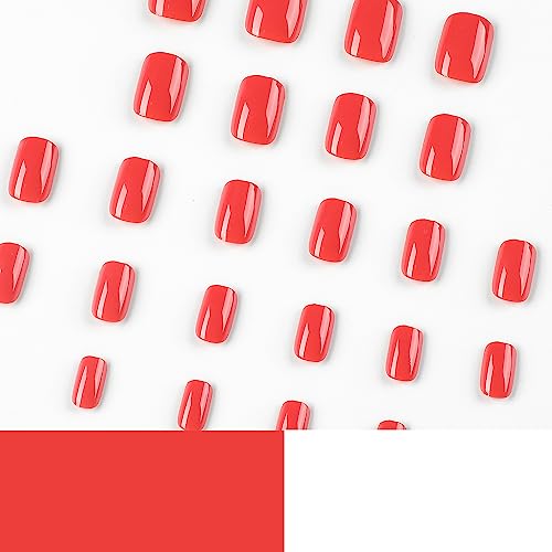 Short Press on Nails Square Fake Nails with Nail Glue Red False Nails with Solid Color Art