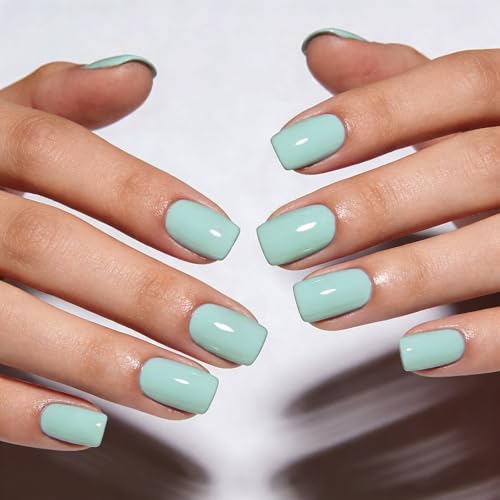 Pastel Mint Green Press on Nails Short Square Fake Nails Spring Summer Glue on Nai