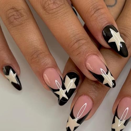 Medium Almond Press on Nails French Black Fake Nails Stiletto Star False Nails with Design