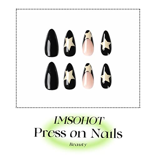 Medium Almond Press on Nails French Black Fake Nails Stiletto Star False Nails with Design