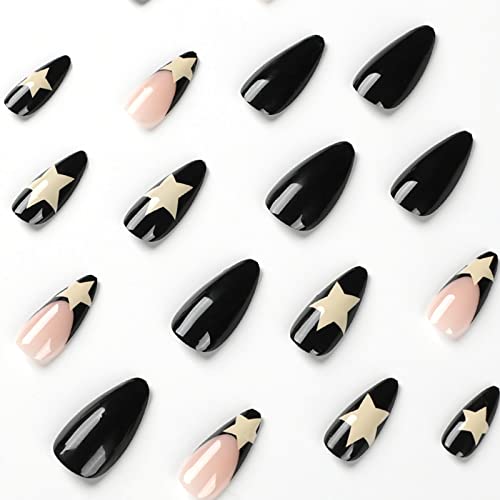 Medium Almond Press on Nails French Black Fake Nails Stiletto Star False Nails with Design