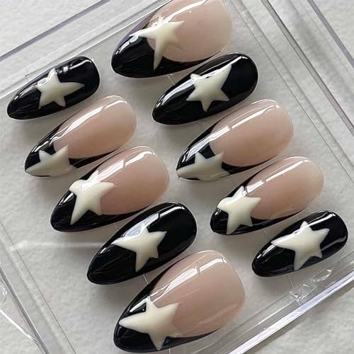 Medium Almond Press on Nails French Black Fake Nails Stiletto Star False Nails with Design