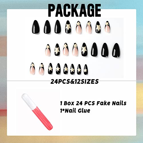 Medium Almond Press on Nails French Black Fake Nails Stiletto Star False Nails with Design
