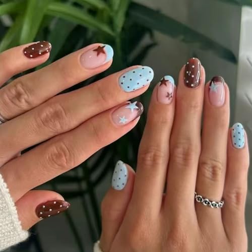 Press on Nails Short Oval Fake Nails Brown Blue False Nails with Polka Dot Designs Cute Gl