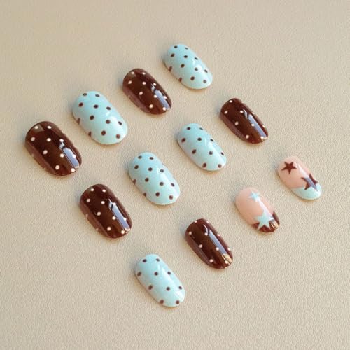 Press on Nails Short Oval Fake Nails Brown Blue False Nails with Polka Dot Designs Cute Gl
