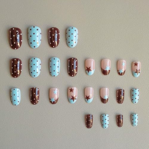 Press on Nails Short Oval Fake Nails Brown Blue False Nails with Polka Dot Designs Cute Gl