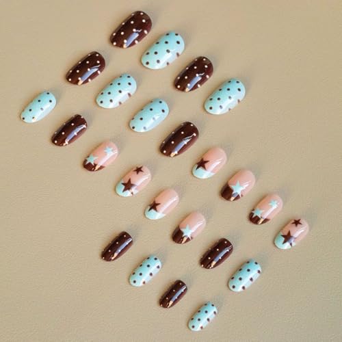 Press on Nails Short Oval Fake Nails Brown Blue False Nails with Polka Dot Designs Cute Gl