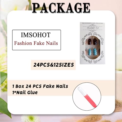 Press on Nails Short Oval Fake Nails Brown Blue False Nails with Polka Dot Designs Cute Gl