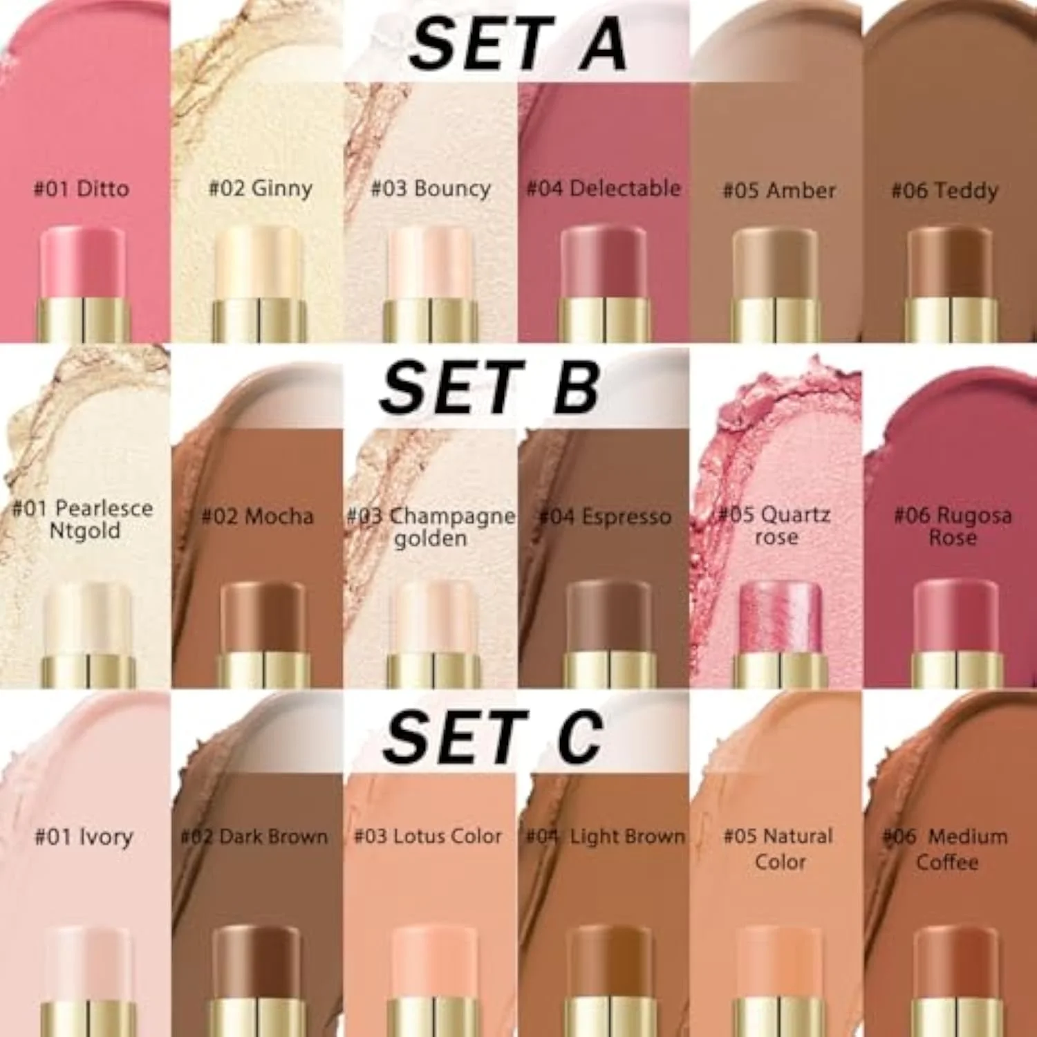 6 Colors Double-ended Cream Contour Stick Makeup Kit, Set A