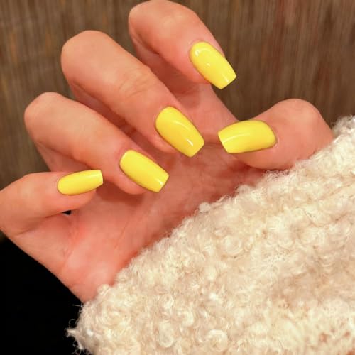 JOYVVEW Bright Yellow Press On Nails Medium Square