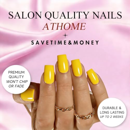 JOYVVEW Bright Yellow Press On Nails Medium Square