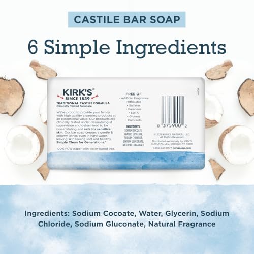 Castile Bar Soap, Original Fresh Scent - Clinically Tested, Safe for Sensitive Skin with Coconut Oil, Vegan and Non-GMO - 4 oz Bars, 6 Pack and Fragrance Free Travel Bar
