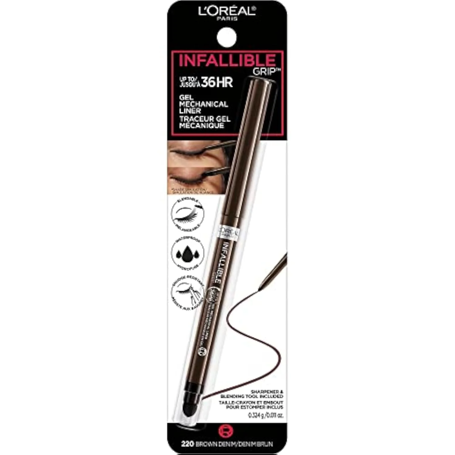 Infallible Grip Mechanical Gel Eyeliner Pencil, Smudge-Resistant, Waterproof Eye Makeup with Up to 36HR Wear, Brown Denim, 0.01 Oz
