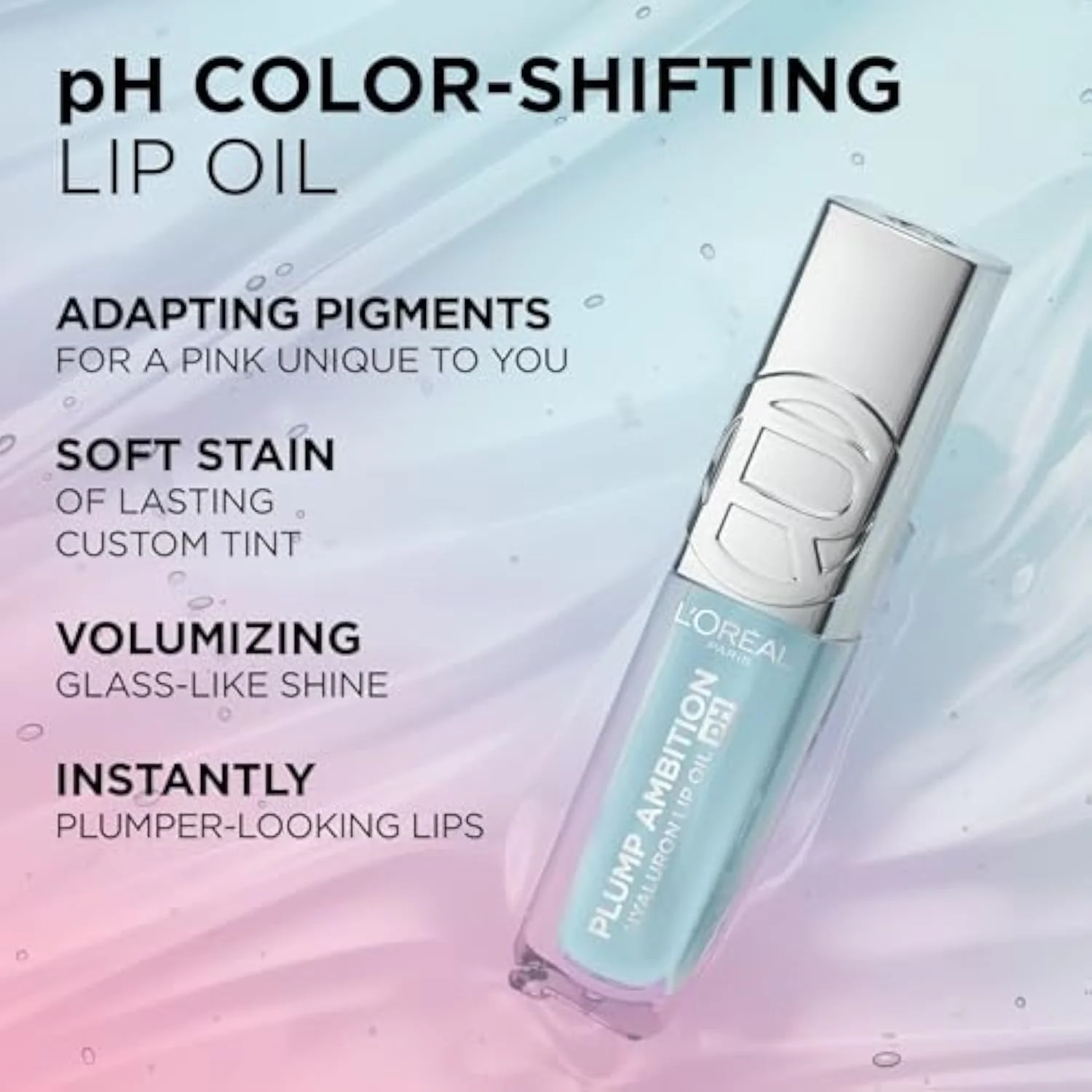 Plump Ambition pH Hyaluron Lip Oil, Color Shifting Lip Tint with 24HR Hydration, Volumizing Shine and Lasting Color, 010 pH Cristal Ice