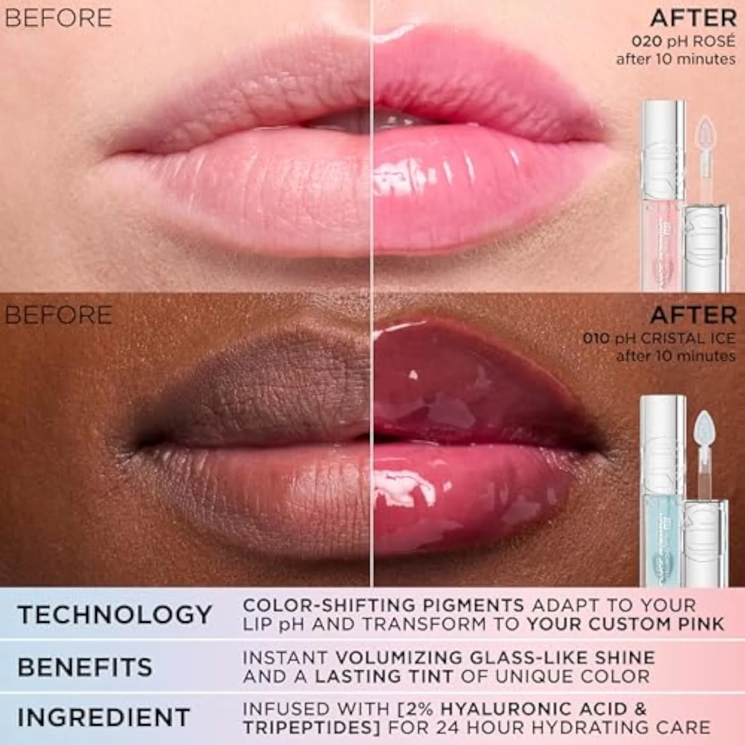 Plump Ambition pH Hyaluron Lip Oil, Color Shifting Lip Tint with 24HR Hydration, Volumizing Shine and Lasting Color, 010 pH Cristal Ice