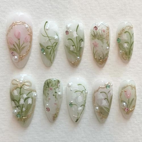 Green Press on Nails Medium Almond Fake Nails with 3D Pearl Rhinestones Designs Gold Frenc