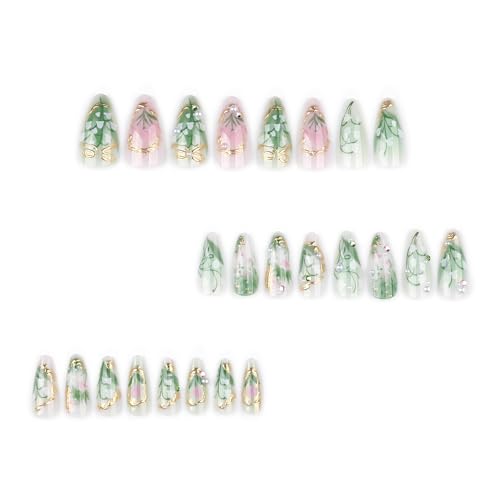 Green Press on Nails Medium Almond Fake Nails with 3D Pearl Rhinestones Designs Gold Frenc