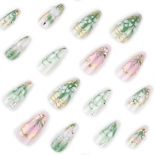 Green Press on Nails Medium Almond Fake Nails with 3D Pearl Rhinestones Designs Gold Frenc