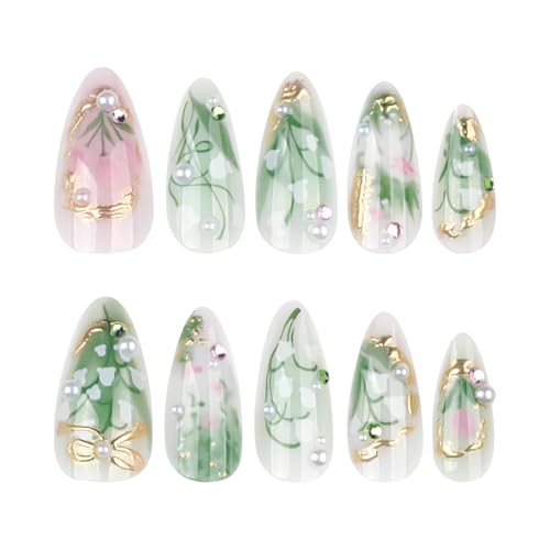 Green Press on Nails Medium Almond Fake Nails with 3D Pearl Rhinestones Designs Gold Frenc