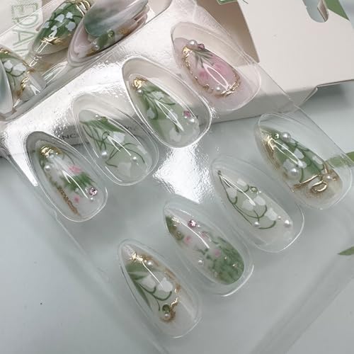 Green Press on Nails Medium Almond Fake Nails with 3D Pearl Rhinestones Designs Gold Frenc