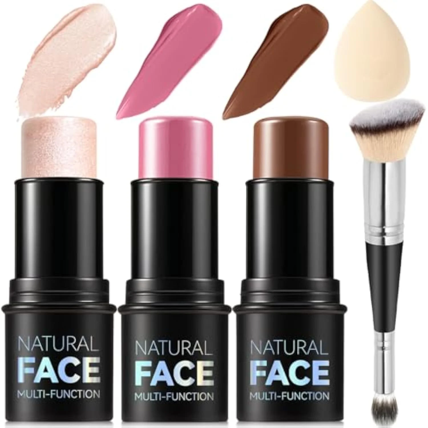 3Pcs Cream Contour Stick Makeup Kit, Shades with Highlighter, Blush and Bronzer Contour Stick for Sculpt the Cheeks, Long Lasting, Waterproof, Matte & Dewy Finish (LIGHT M