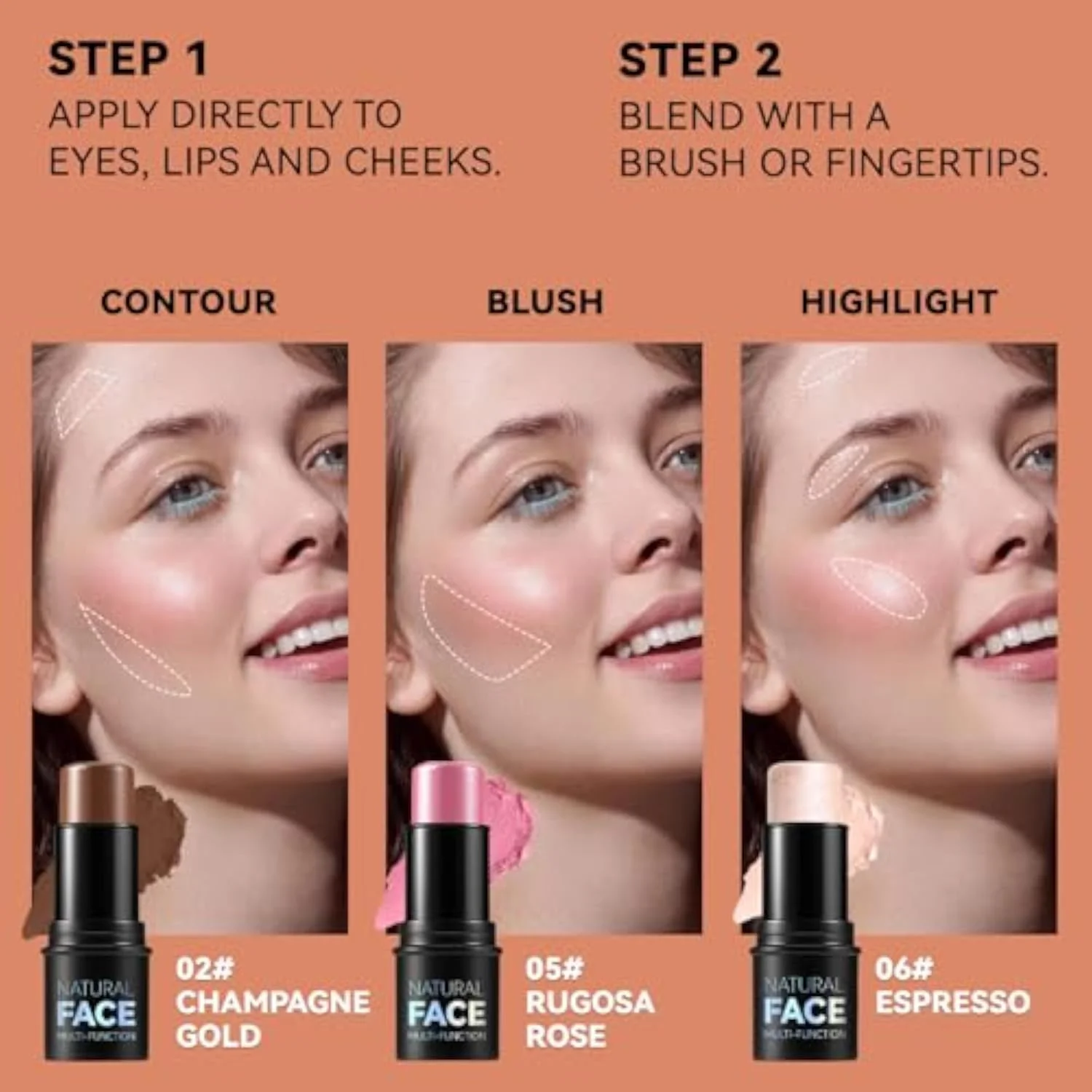 3Pcs Cream Contour Stick Makeup Kit, Shades with Highlighter, Blush and Bronzer Contour Stick for Sculpt the Cheeks, Long Lasting, Waterproof, Matte & Dewy Finish (LIGHT M