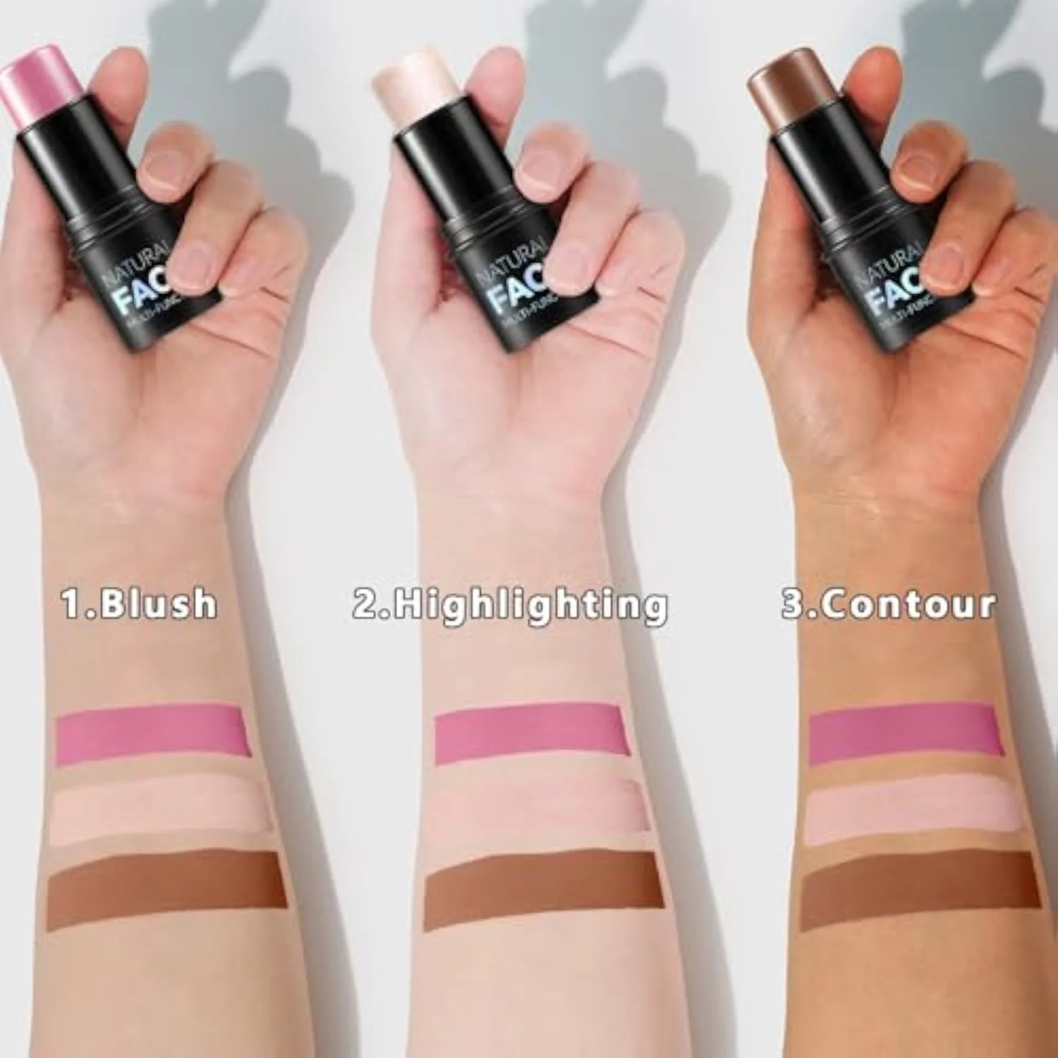 3Pcs Cream Contour Stick Makeup Kit, Shades with Highlighter, Blush and Bronzer Contour Stick for Sculpt the Cheeks, Long Lasting, Waterproof, Matte & Dewy Finish (LIGHT M