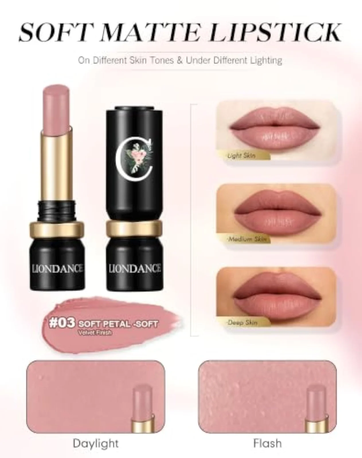 Soft Matte Bullet Lipstick in Soft Petal, Soft Pink Nude Beige Pink Lip Color with a Lightweight Velvet Matte Finish for Everyday Wear