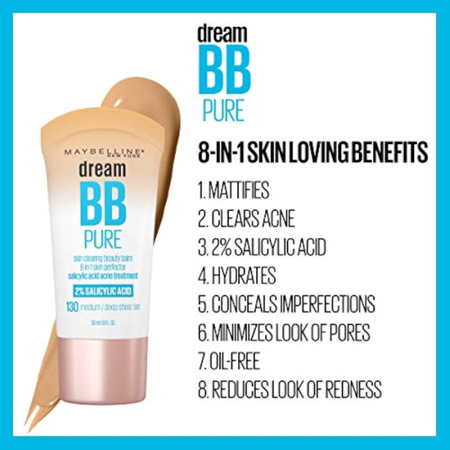 Maybelline Dream Pure Skin Clearing BB Cream, 8-in-1 Skin Perfecting Beauty Balm With 2% Salicylic Acid, Sheer Tint Coverage, Oil-Free, Light, 1 Count