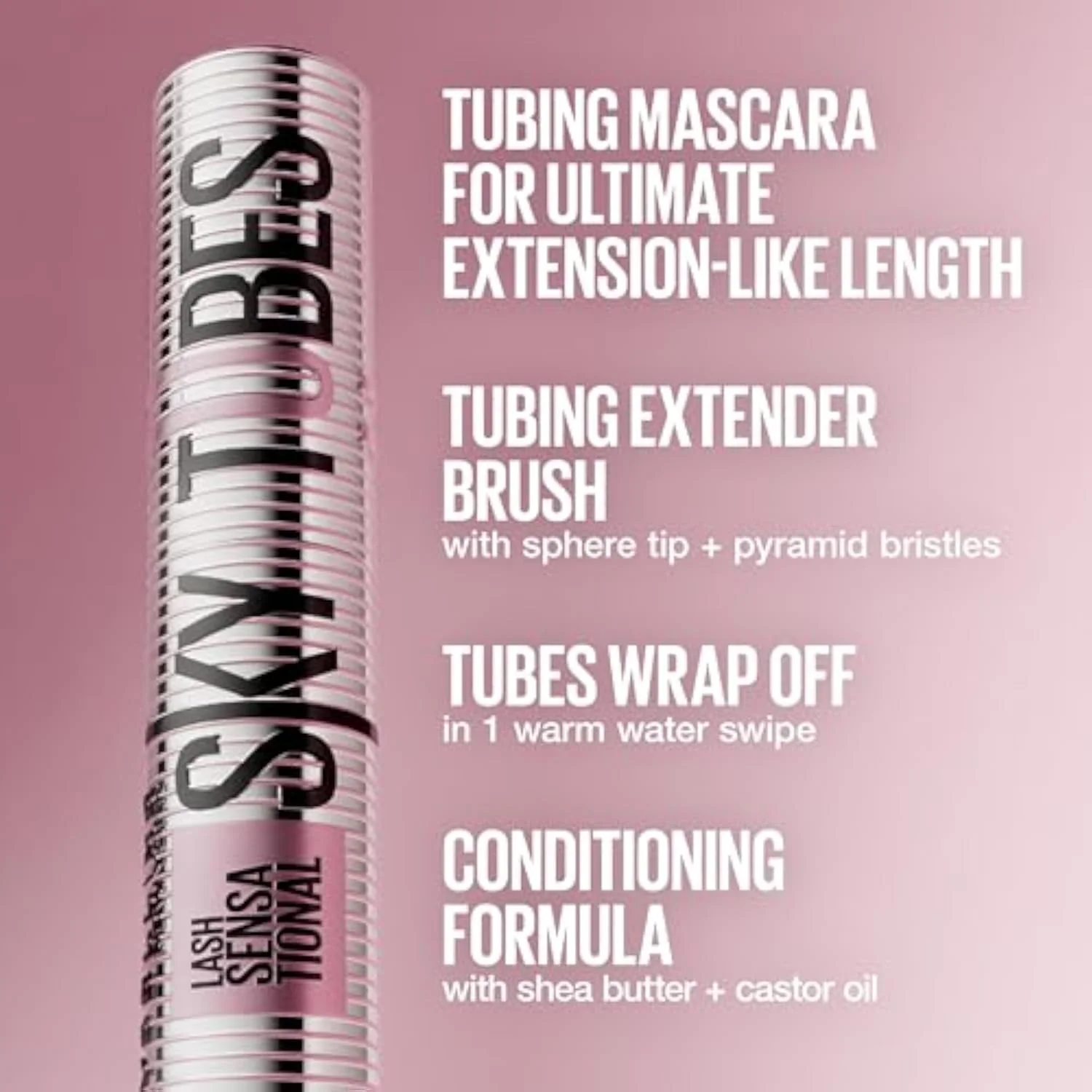 Maybelline Lash Sensational Sky Tubes Tubing Mascara, Extension-Like Lengthening Mascara, 24HR Eye Makeup with Shea Butter & Castor Oil, Very Black, 1 Count