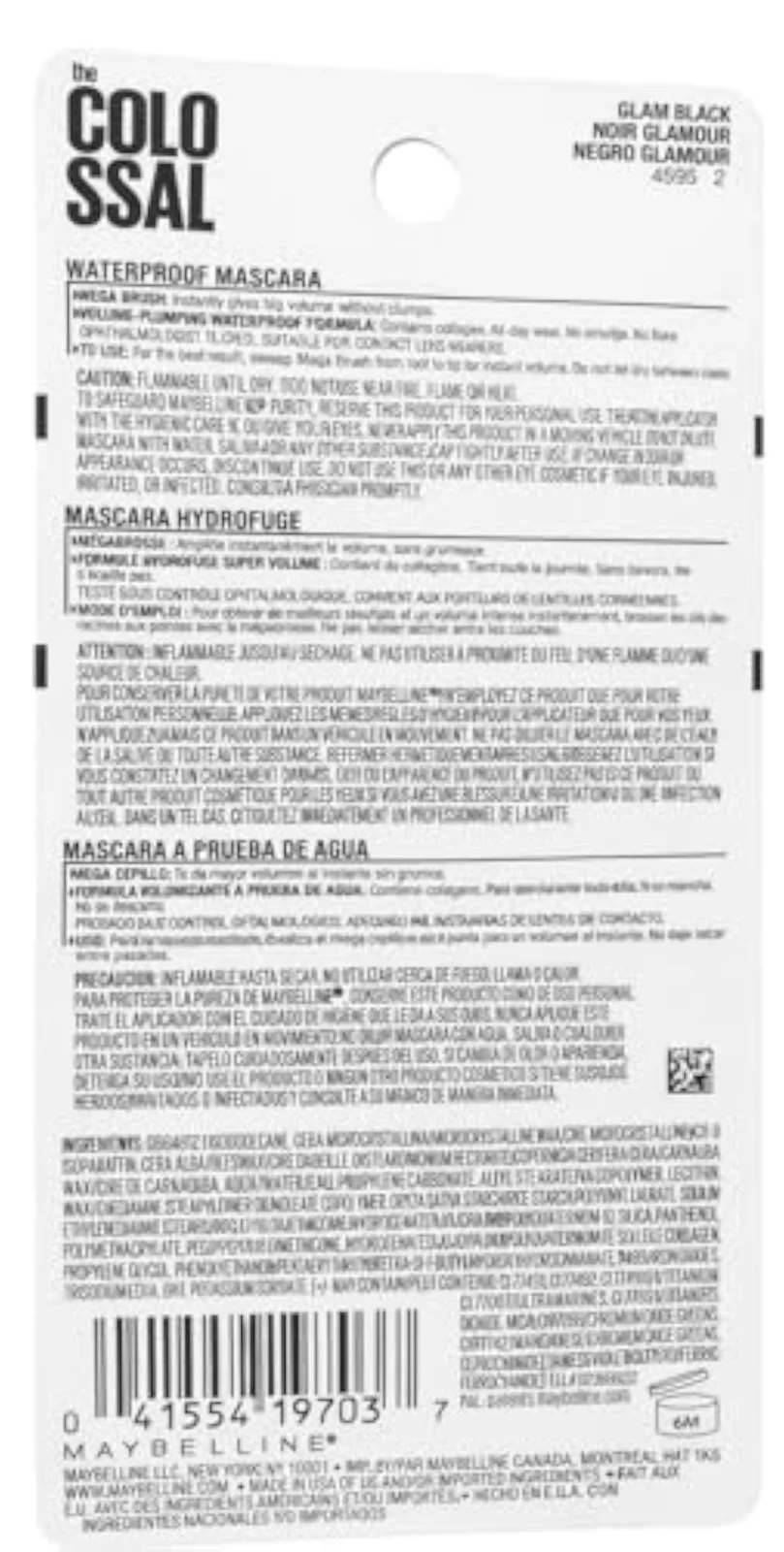 Maybelline Volum' Express Colossal Waterproof Mascara Makeup, Volumizing, Glam Black, 1 Count