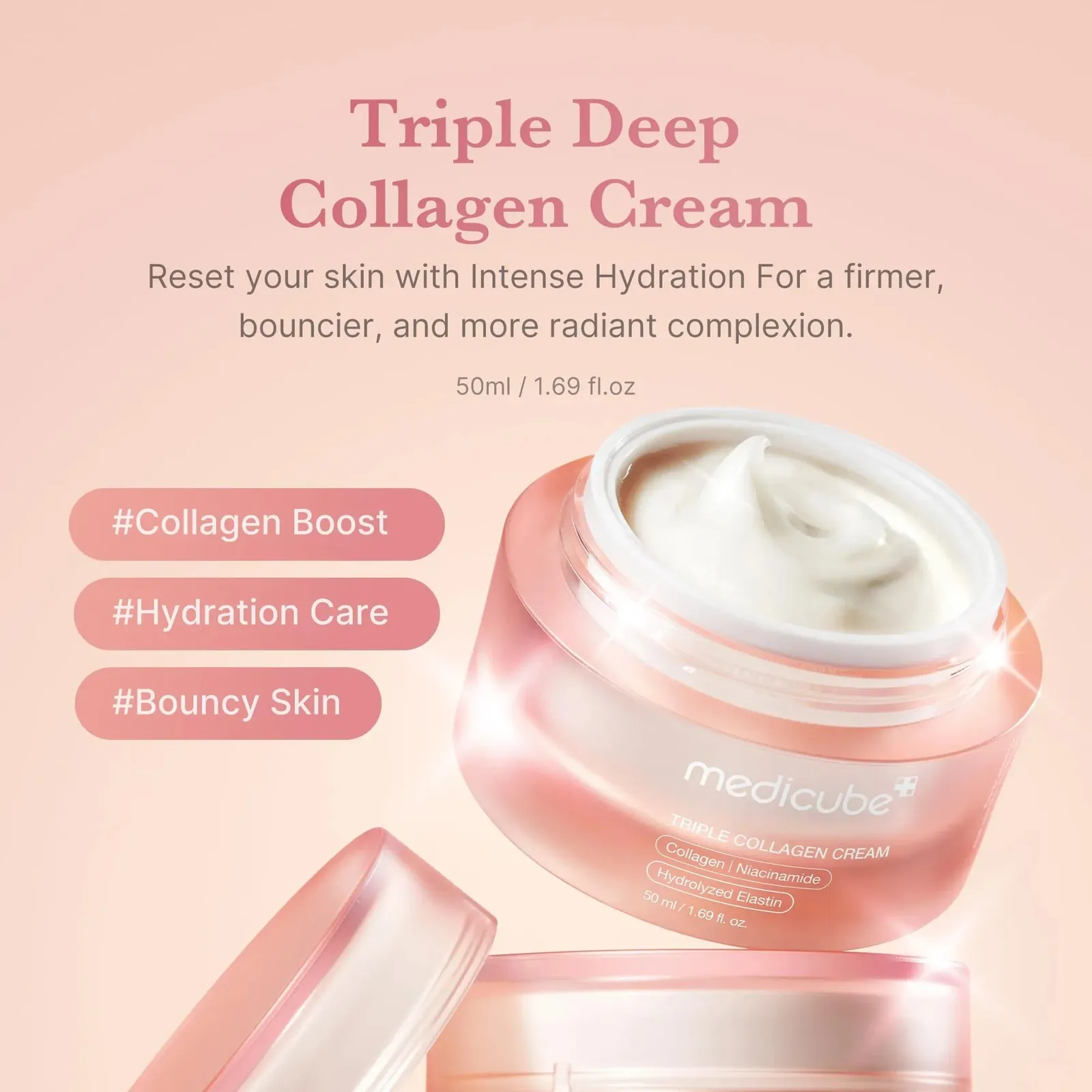 Triple Collagen Cream - Hydrating & Firming Moisturizer with Hyaluronic Acid, Premium Elastin, Shea Butter