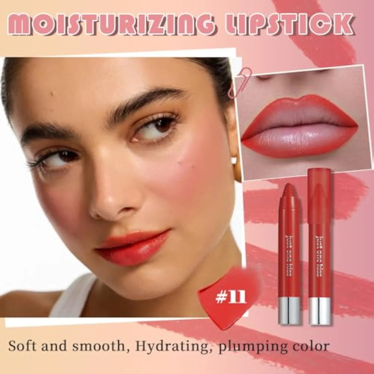 Bright Ruby Red Hydrating Cream Lipstick Lip Crayon for Women, Natural Moisturizing Lipstick Smooth Apply, Retractable Lips Liner Crayon for Ombre Shades, Red Tinted Lip Bal